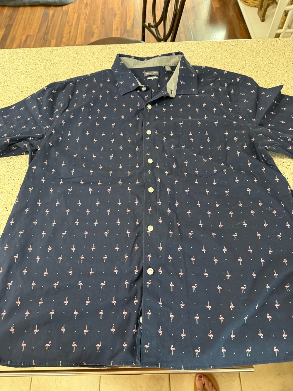 Van Heusen Men's XXL Navy Flamingo Print Button-Up Shirt